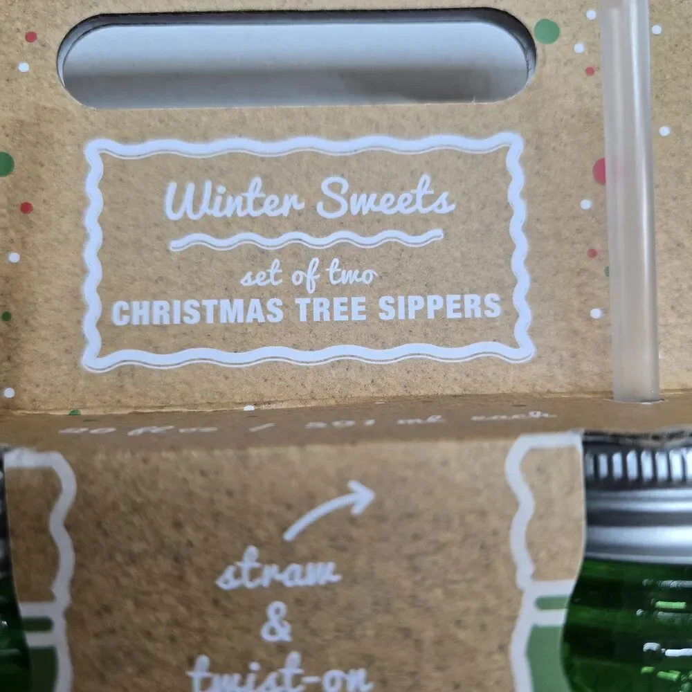 NIB Sealed Christmas Tree Sippers 20oz 2 Green Glass 3D Set w/Lids & Straws